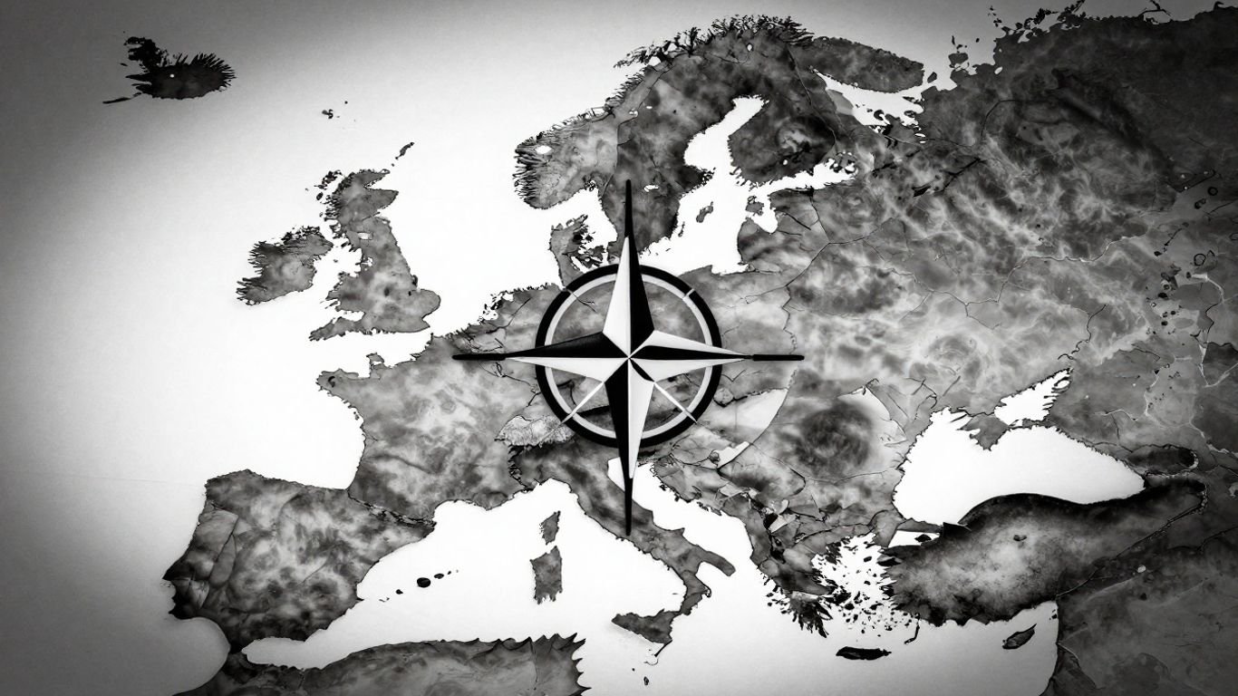 Fractured NATO emblem on a shadowy world map.
