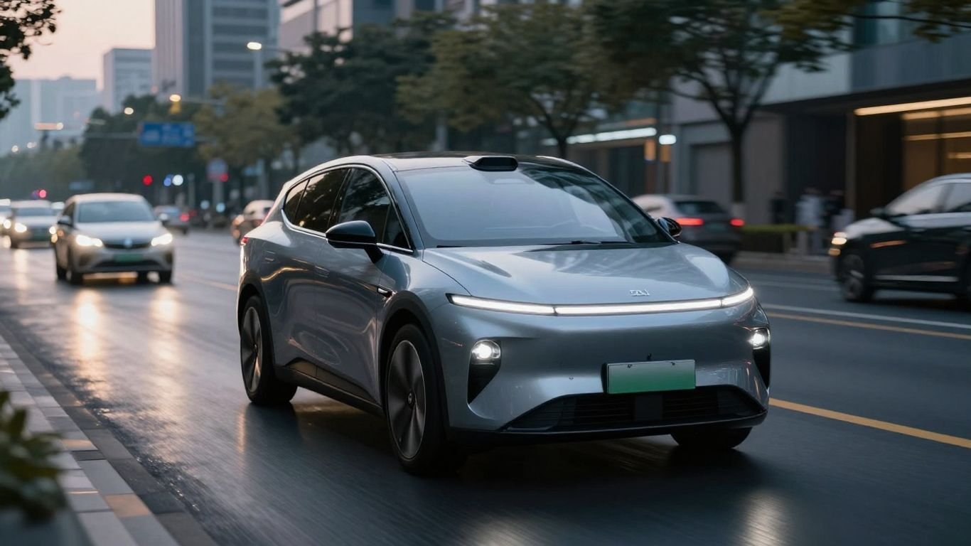 Futuristic autonomous car driving on a city street.