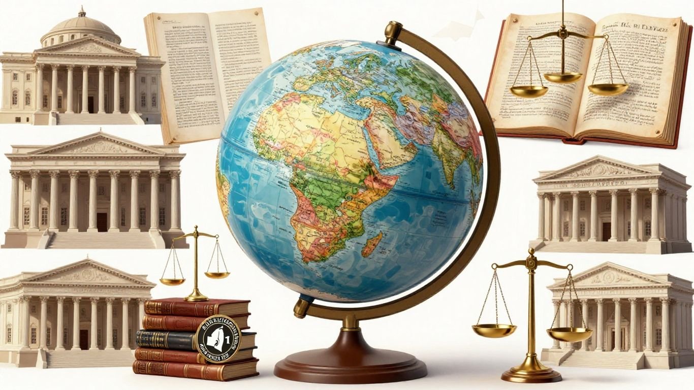 Global inheritance laws illustrated with documents and scales of justice.