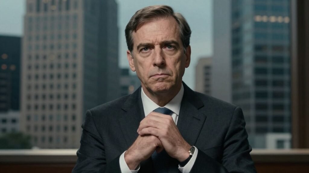 Federal Reserve Vice Chair looking serious, financial buildings background.