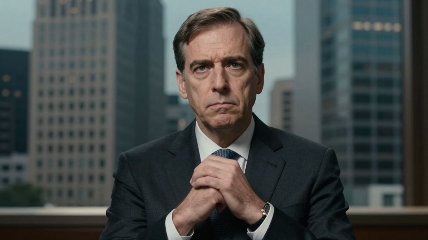 Federal Reserve Vice Chair looking serious, financial buildings background.