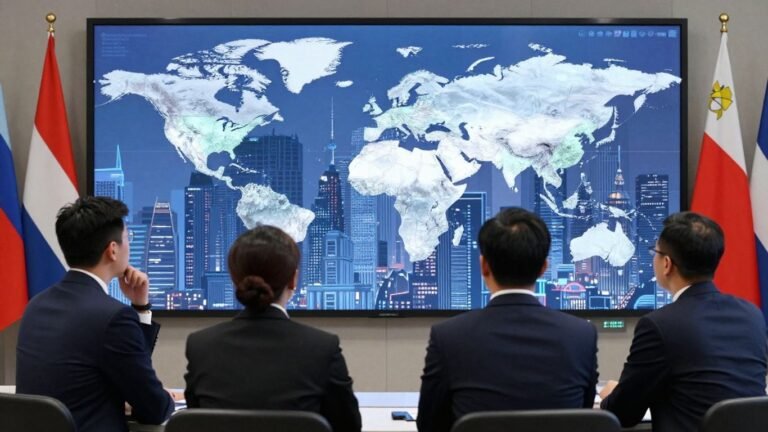 Businesspeople analyzing global markets with international city backgrounds.