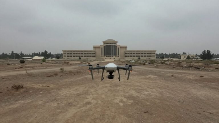 Drone flying over a conflict zone.