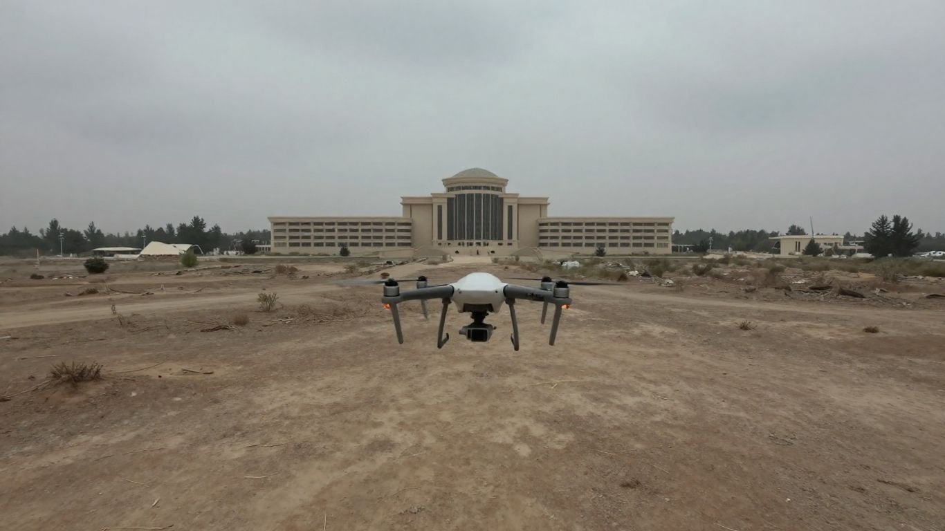 Drone flying over a conflict zone.