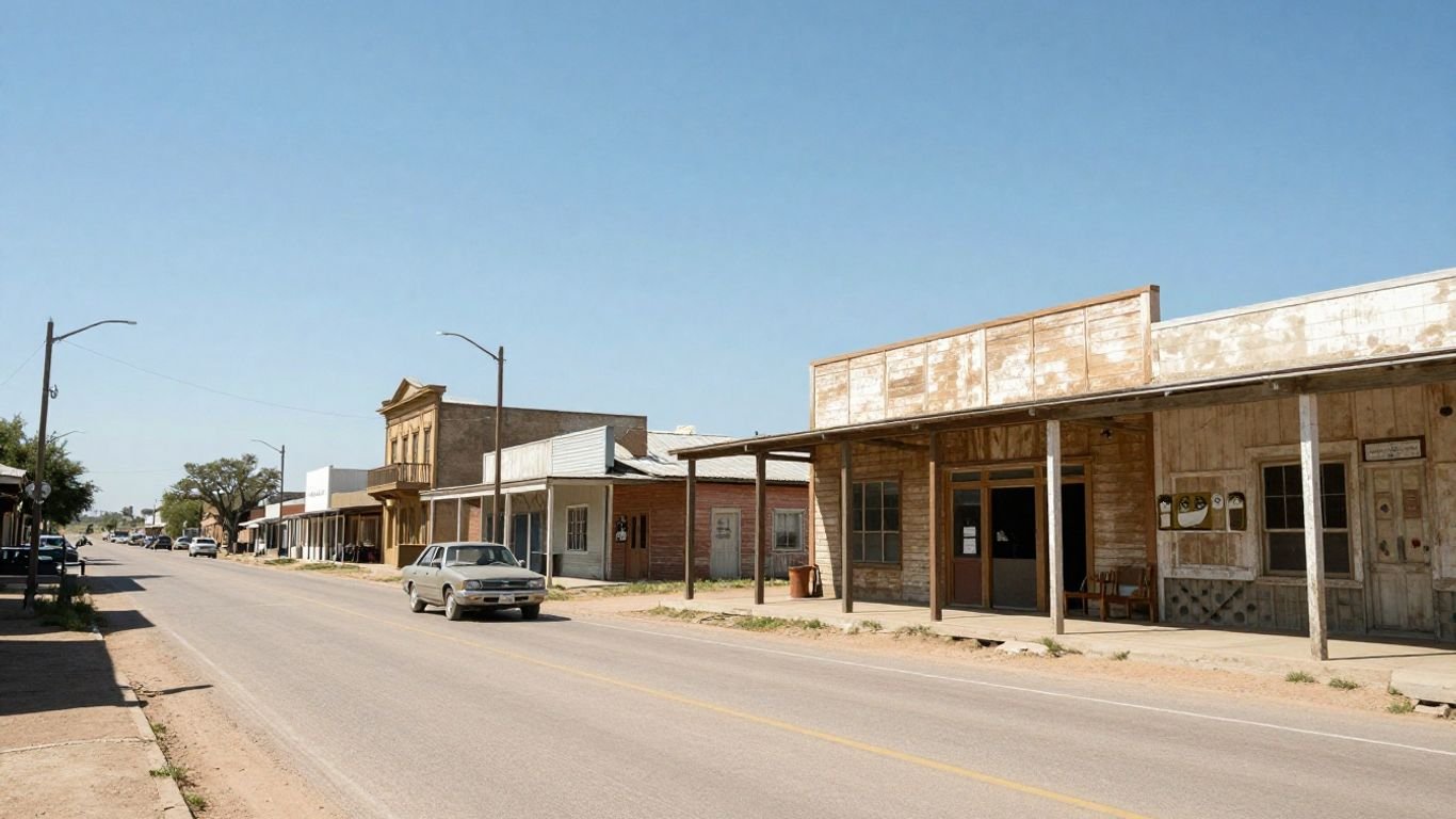 New Mexico border town street with Texas in the distance.
