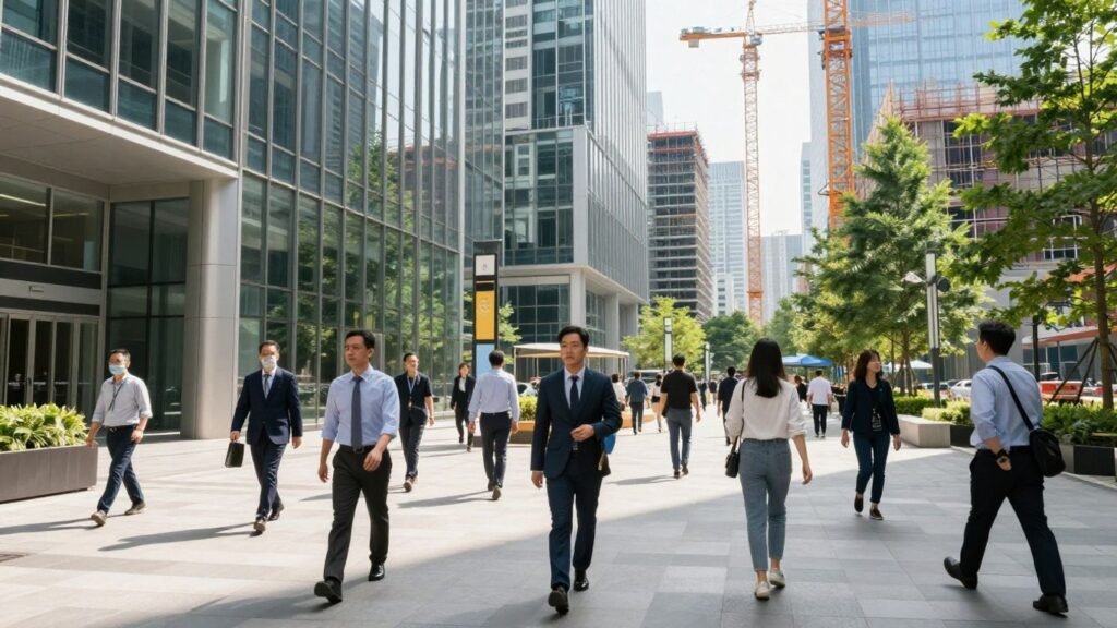 Financial district with people and new construction