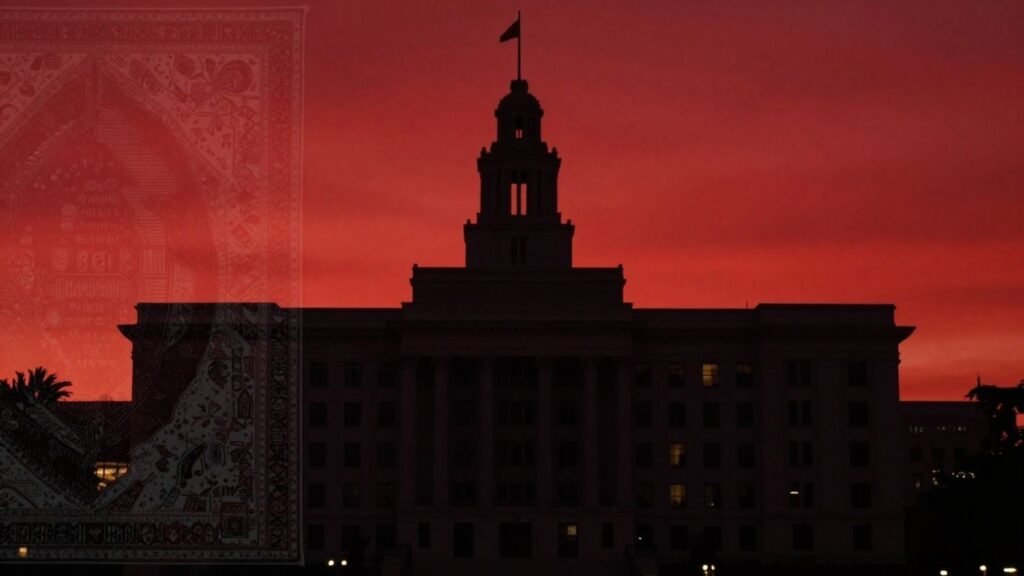 FBI building with abstract Persian rug pattern in red sky.