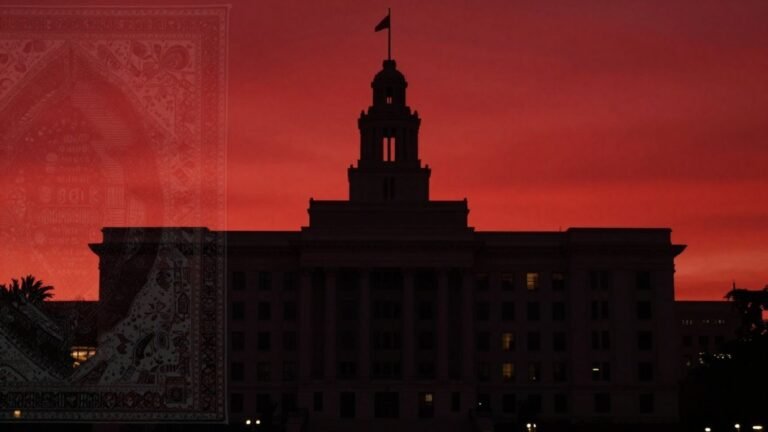 FBI building with abstract Persian rug pattern in red sky.