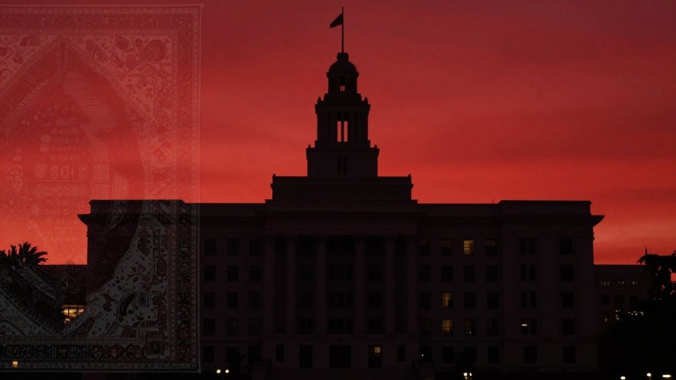 FBI building with abstract Persian rug pattern in red sky.
