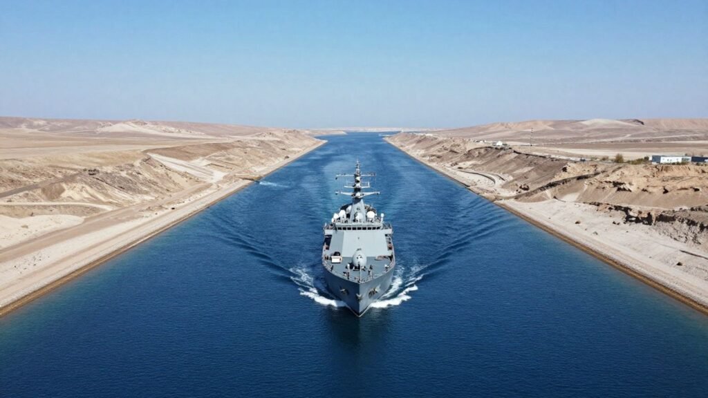 Naval vessel in a narrow, strategic strait.