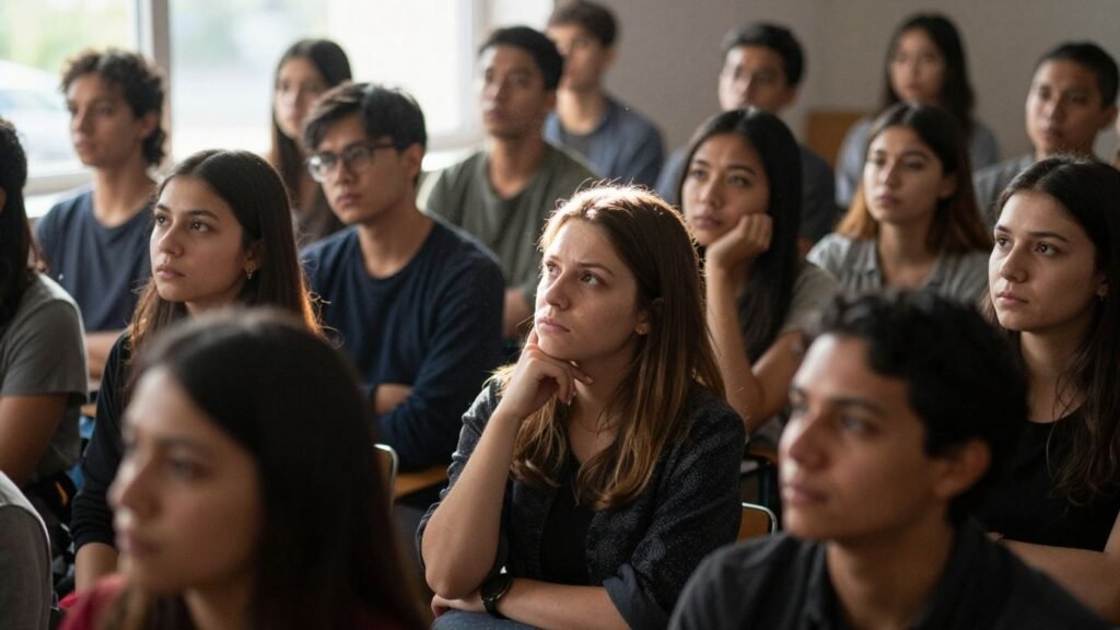 People looking in different directions, questioning and thoughtful.