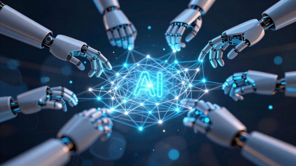 Interconnected AI network with robotic hands collaborating.