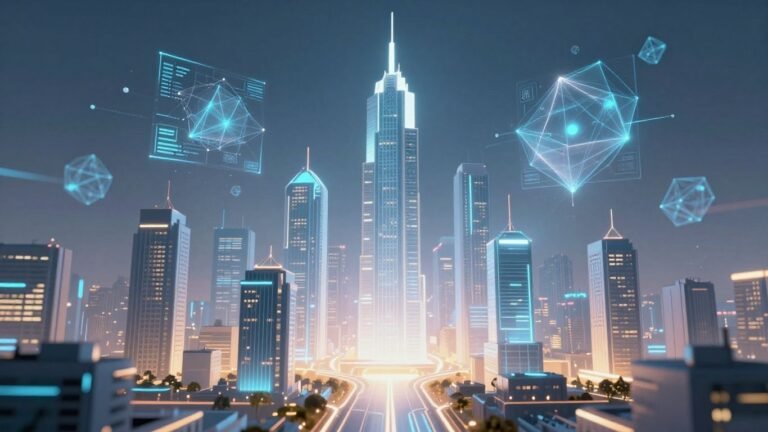 Futuristic cityscape with digital pathways and abstract data shapes.