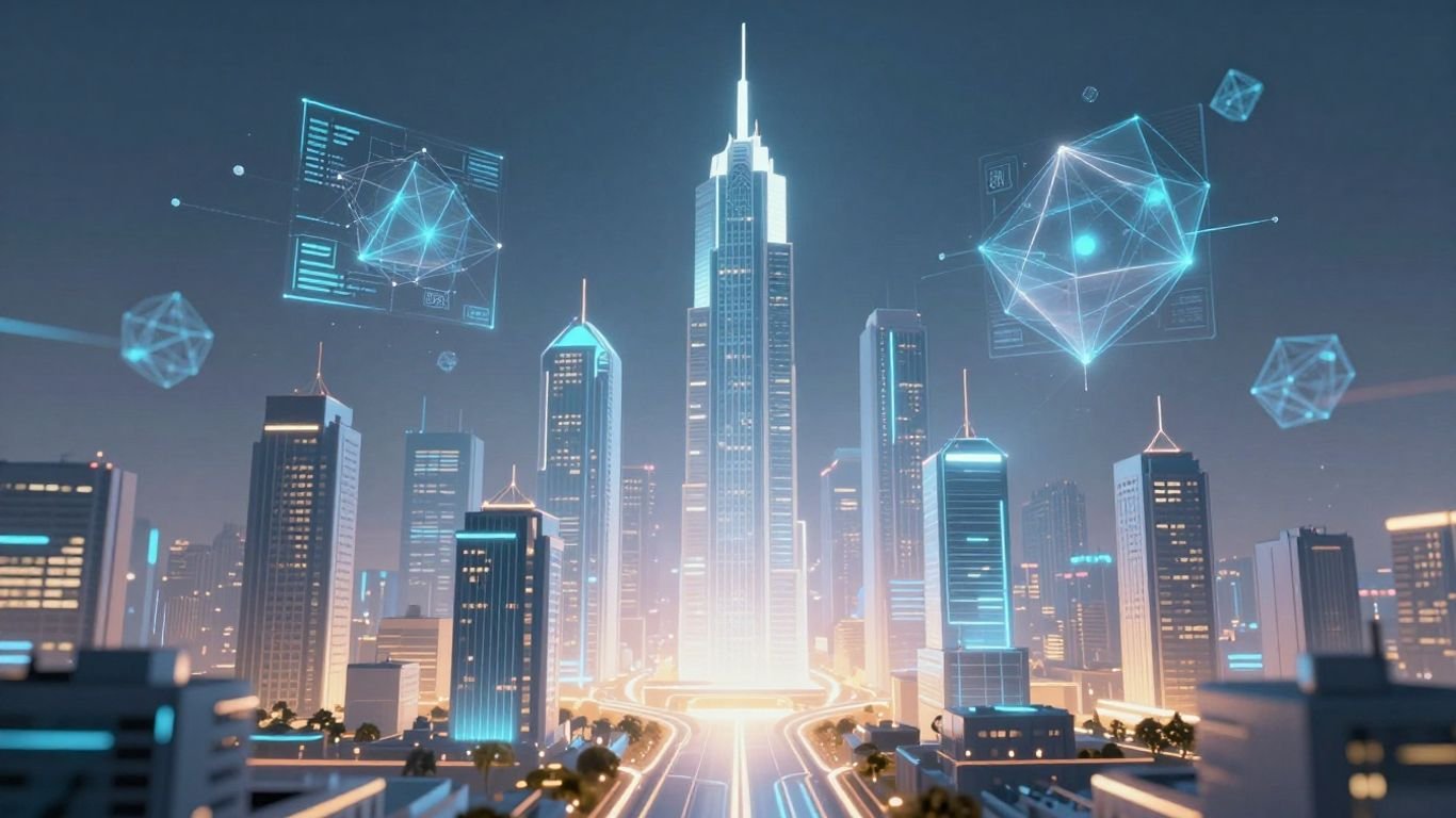 Futuristic cityscape with digital pathways and abstract data shapes.