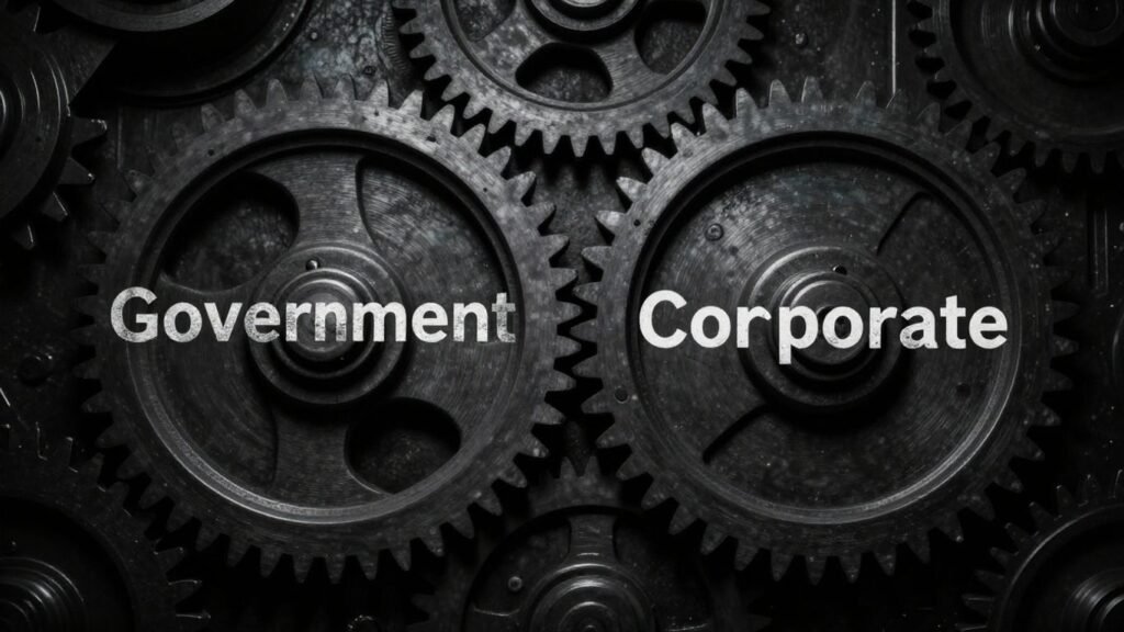 Intertwined government and corporate gears in a dark, complex mechanism.