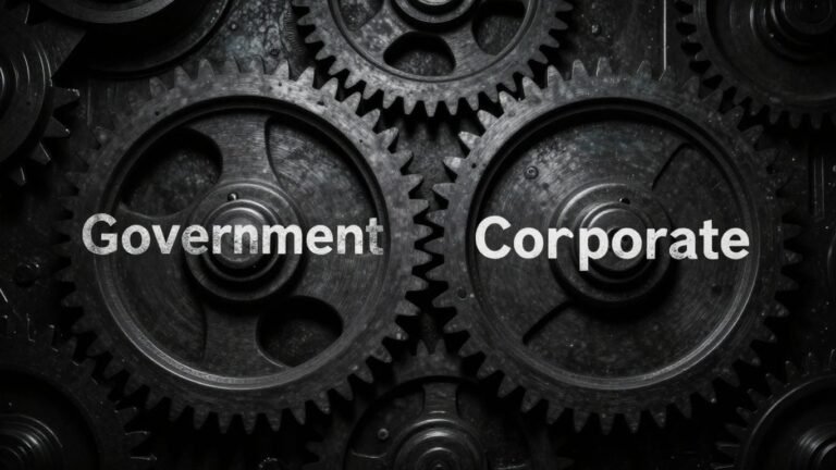 Intertwined government and corporate gears in a dark, complex mechanism.