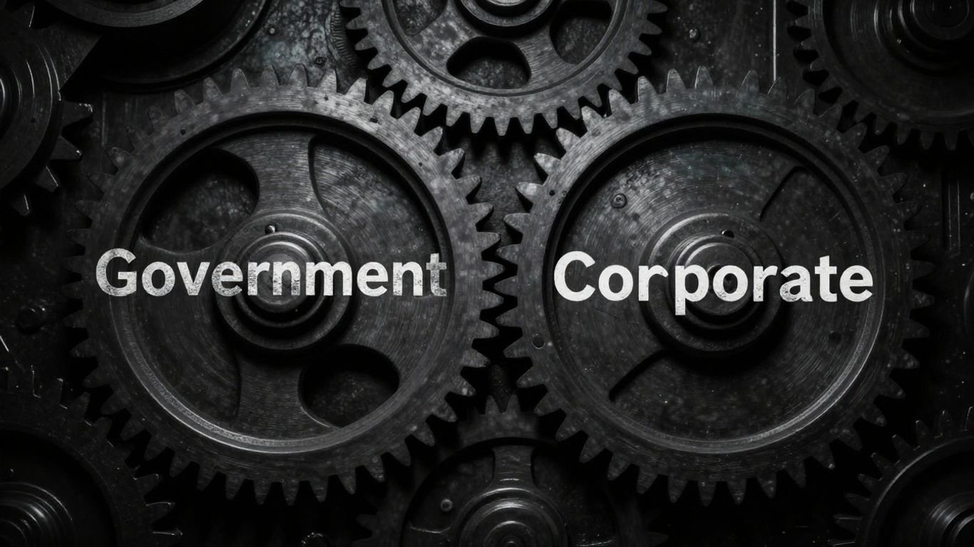 Intertwined government and corporate gears in a dark, complex mechanism.