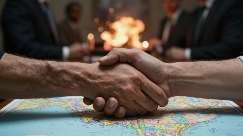 US and Iran hands clasped over Middle East map, tense background.