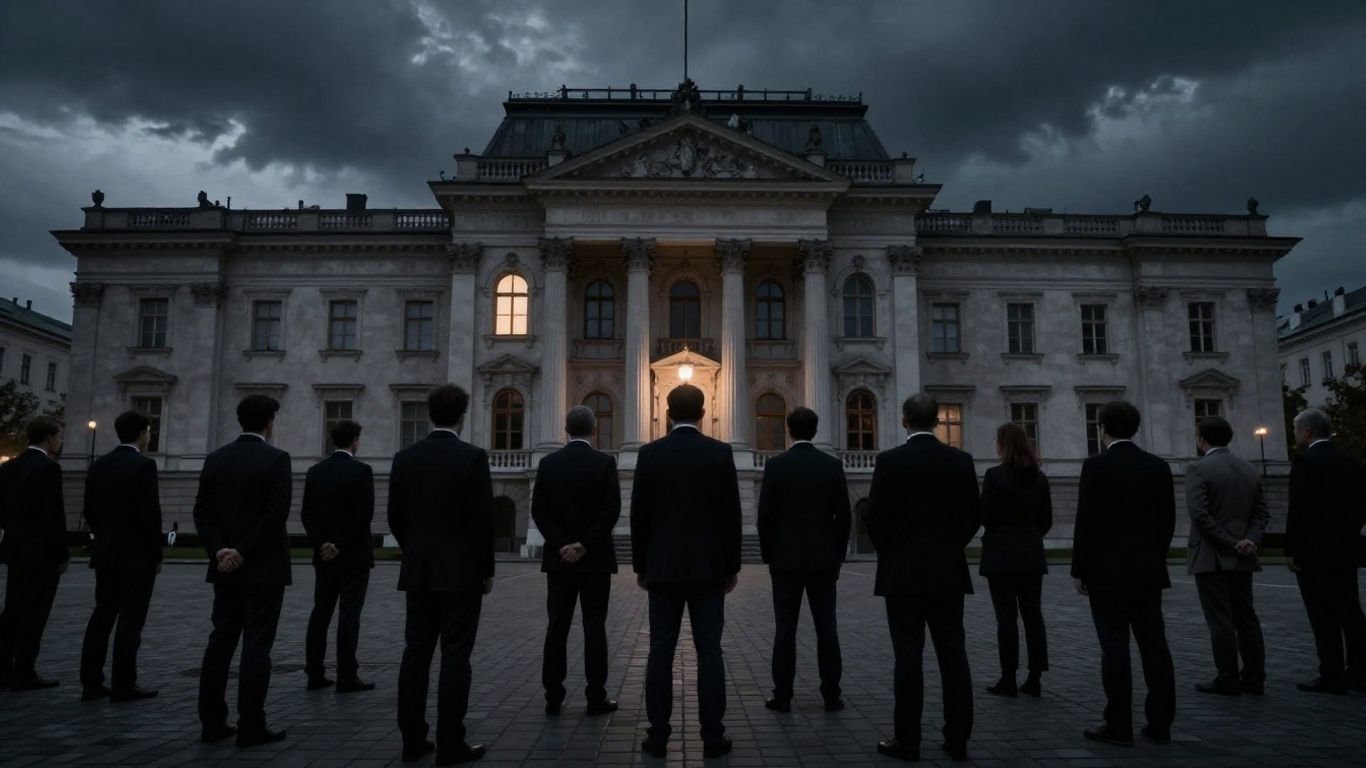 Polish parliament building under stormy sky, figures in suits outside.
