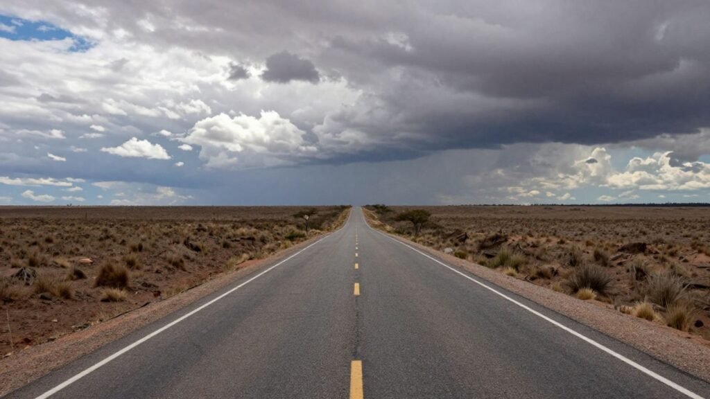Argentina's economic crossroads with a winding road and changing sky.
