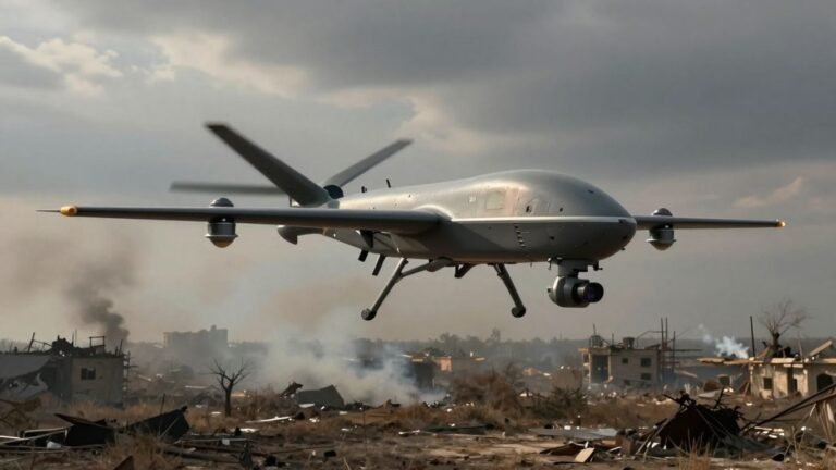 Drone flying over conflict zone