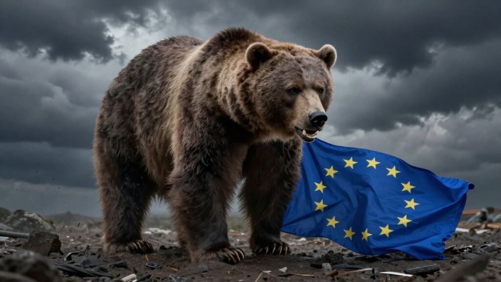 Russian bear menacing EU flag with stormy clouds.