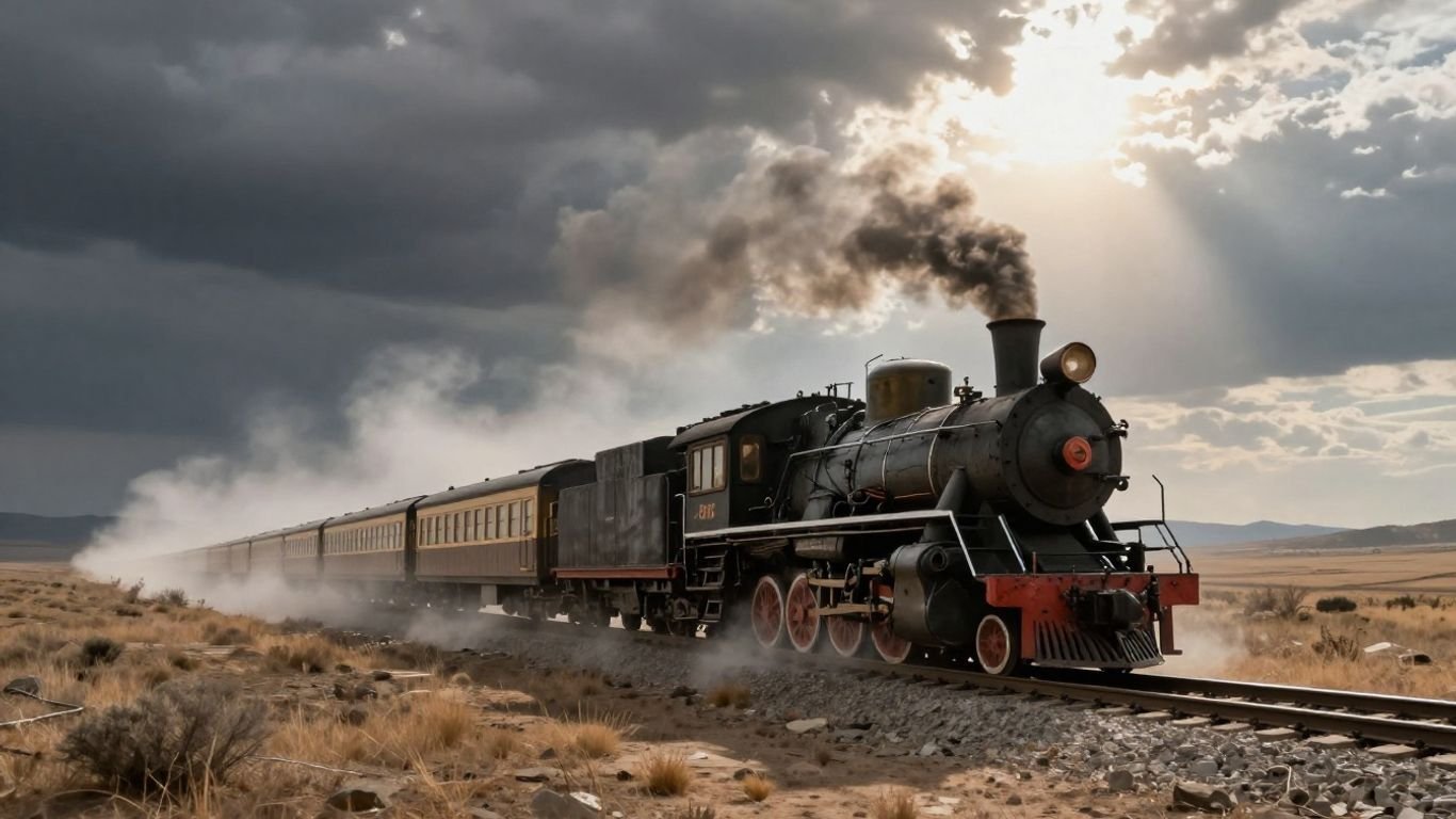 Locomotive train crossing arid landscape with heat haze.