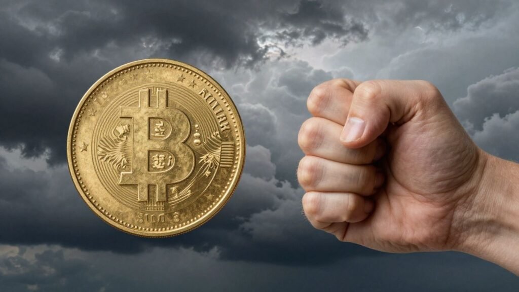Golden coin versus clenched fist under stormy sky.