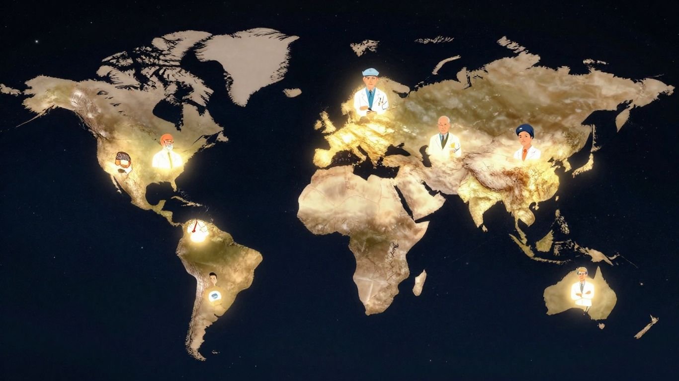 World map with glowing icons of high-paying jobs.