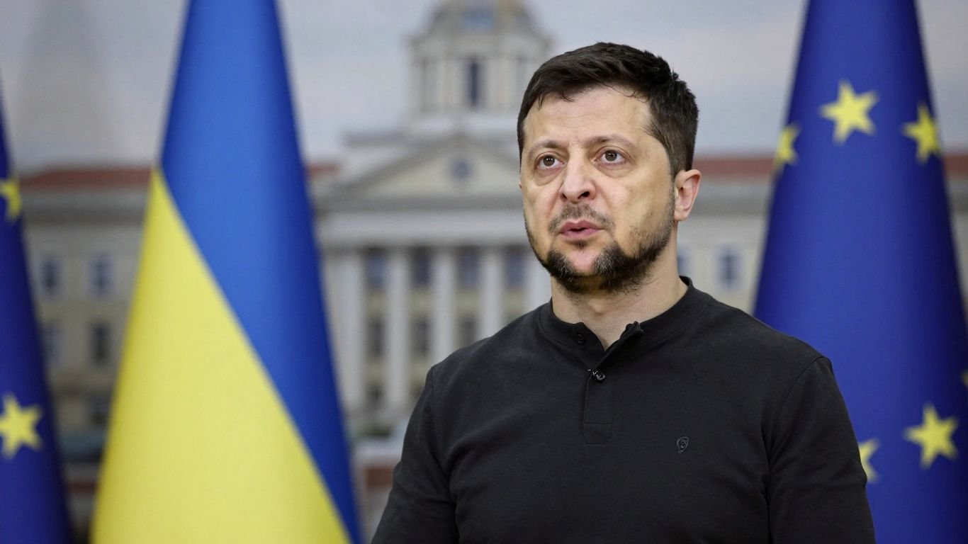President Zelenskiy looking towards EU flag.