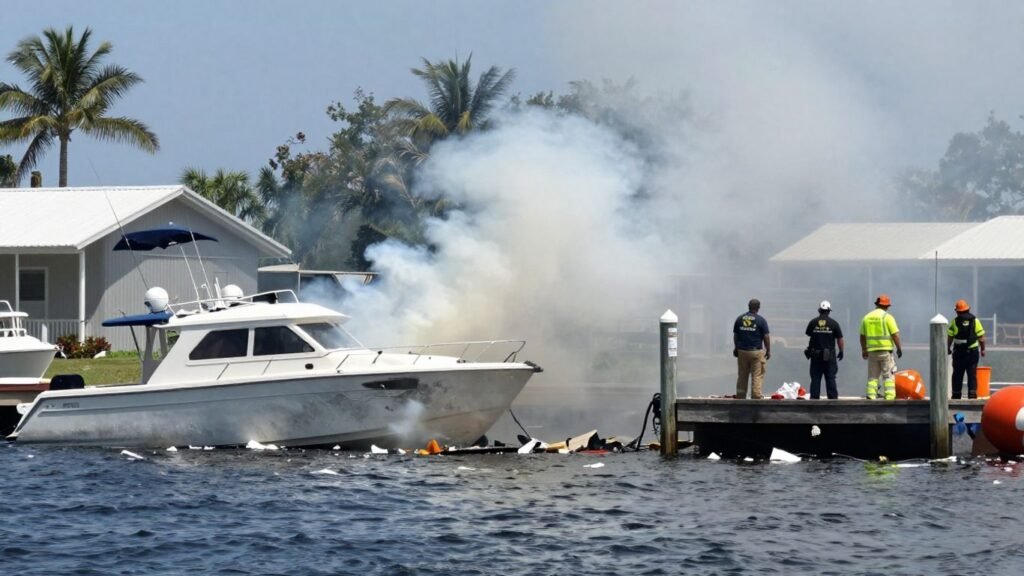 Boat explosion aftermath at Florida marina with smoke and debris.