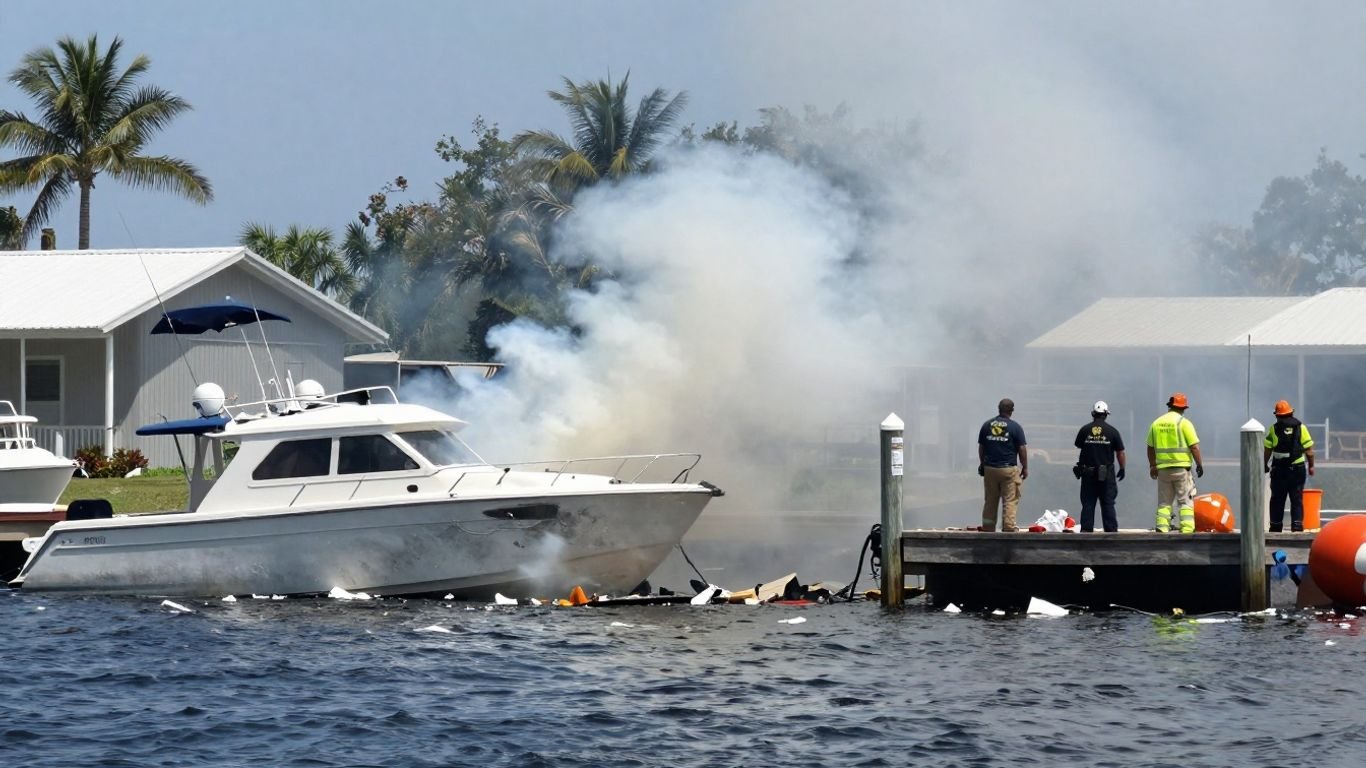 Boat explosion aftermath at Florida marina with smoke and debris.