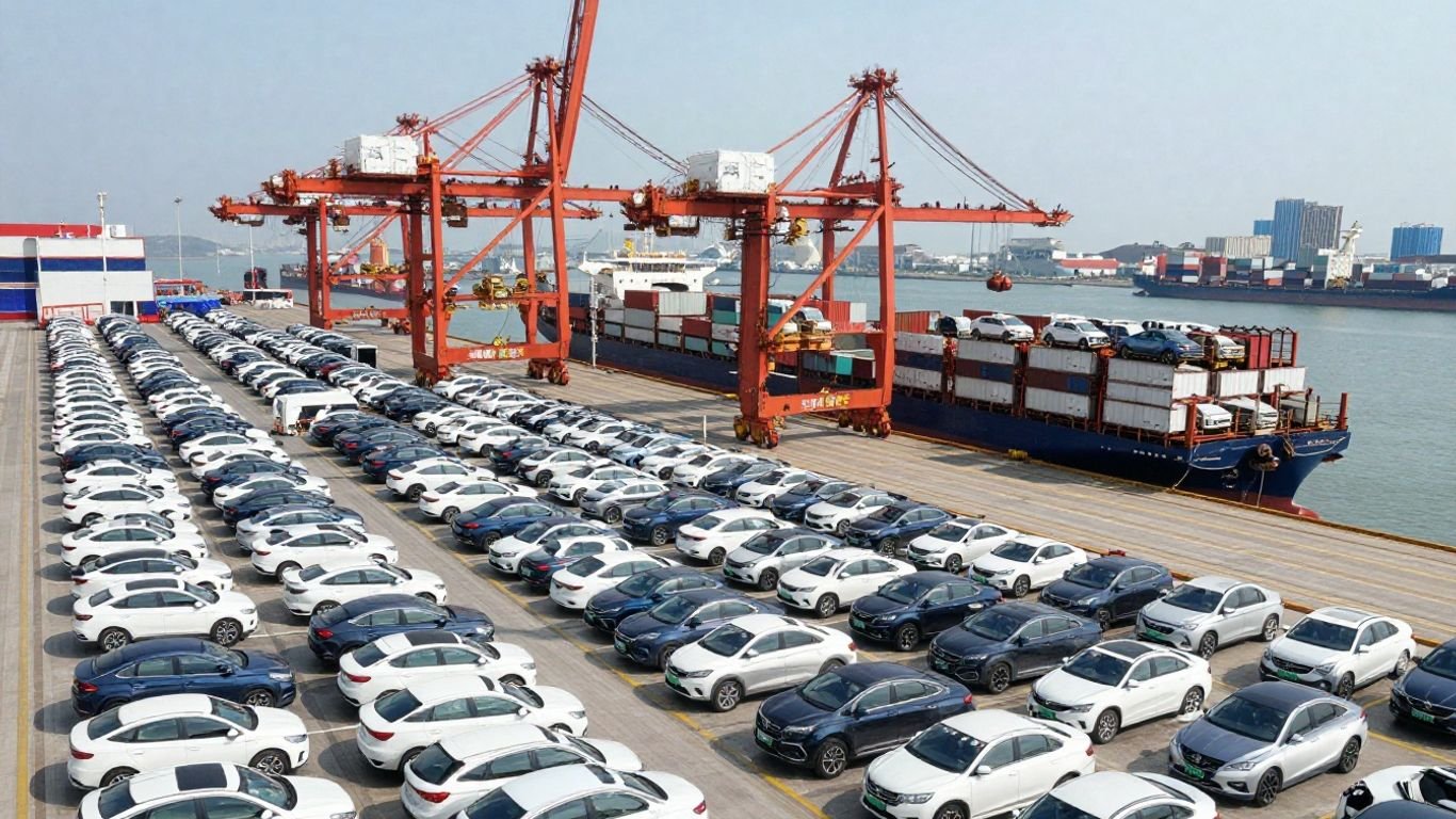 Chinese cars being loaded onto ships at a port.
