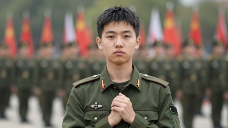 Young person looking at viewer, avoiding military background.