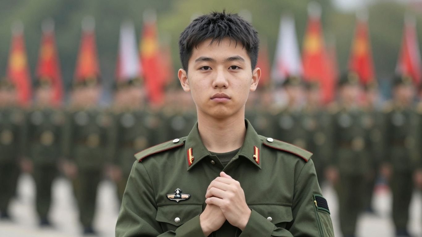 Young person looking at viewer, avoiding military background.