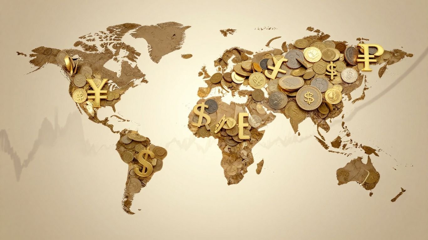 Global currency symbols and golden coins indicating financial growth.