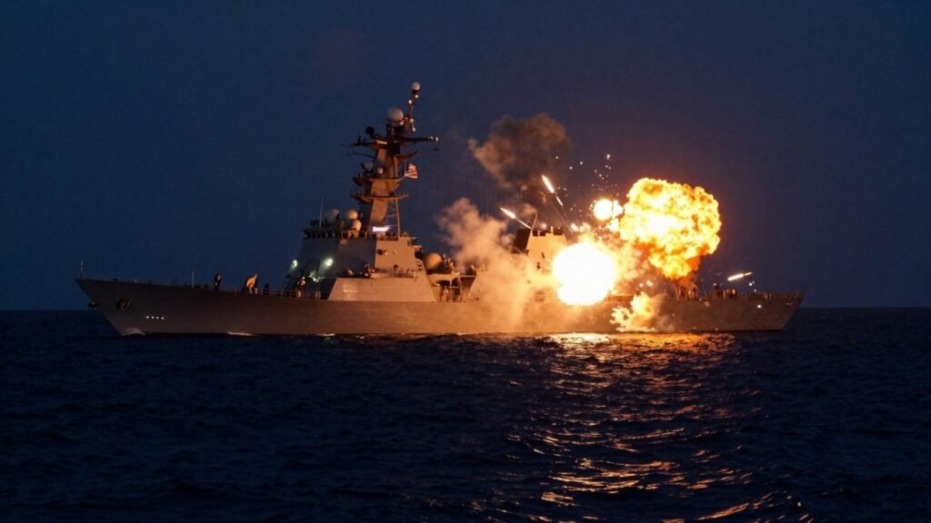 US Navy ships firing missiles in the Gulf.