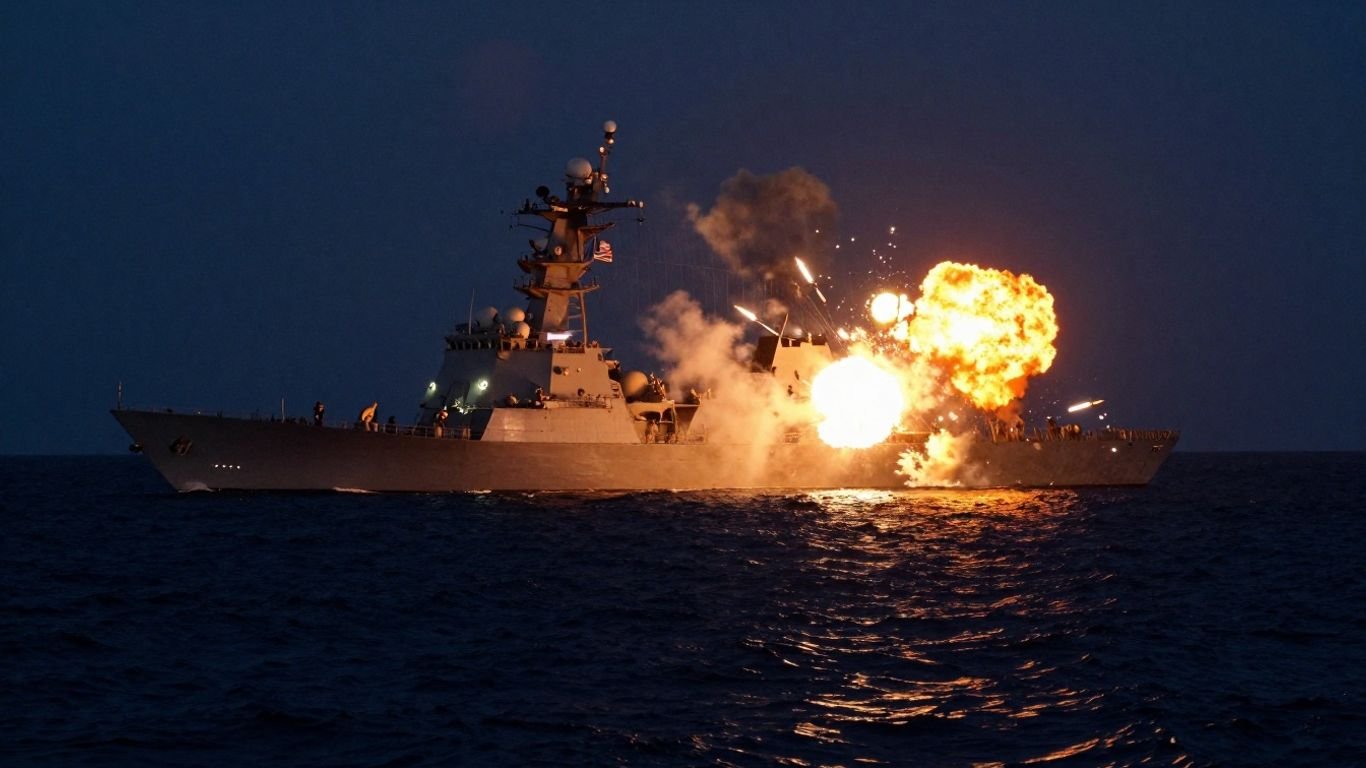 US Navy ships firing missiles in the Gulf.