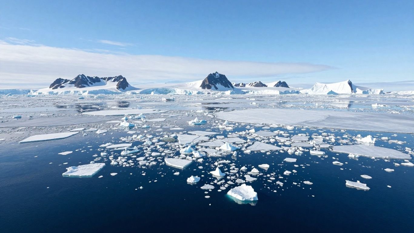 Arctic Ocean with ice floes and distant mountains.
