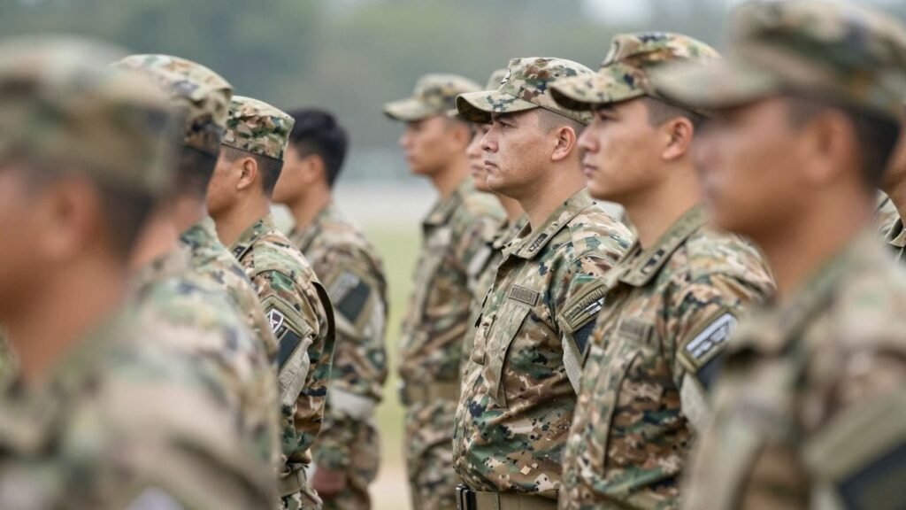People in military uniforms looking towards the future.