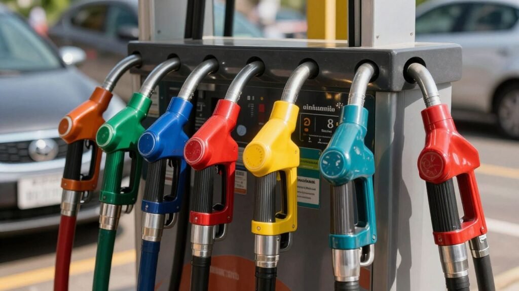 Global fuel pumps with varying designs and colors.