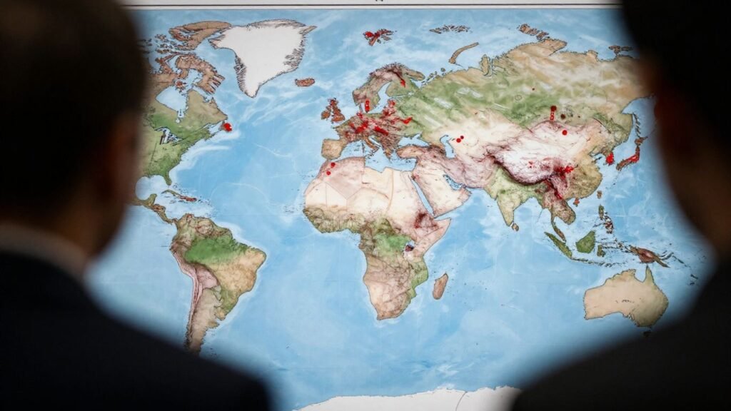 World map with corruption markers and a shadowy figure.