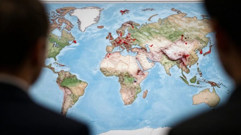 World map with corruption markers and a shadowy figure.