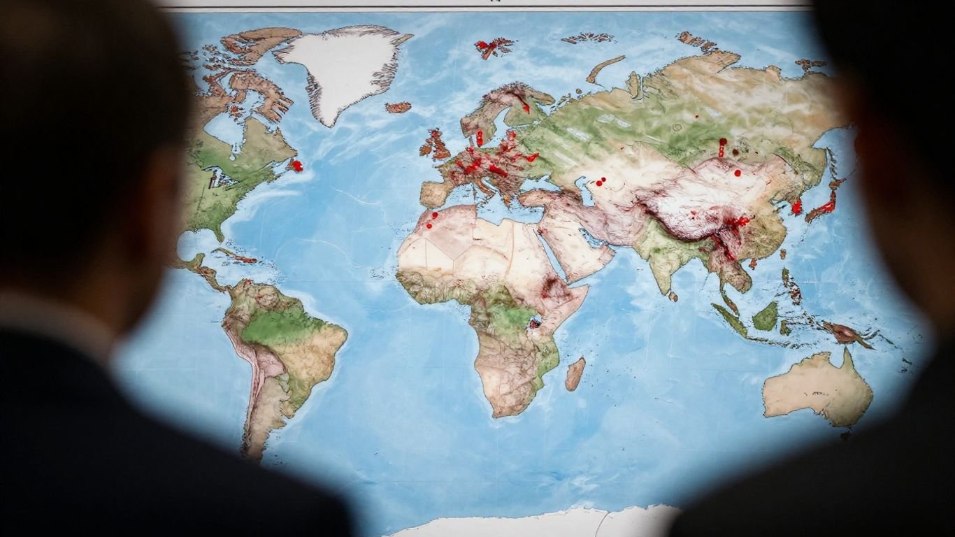World map with corruption markers and a shadowy figure.