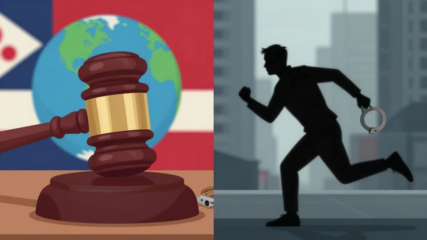 Global flags and handcuffs contrast with a fleeing silhouette.