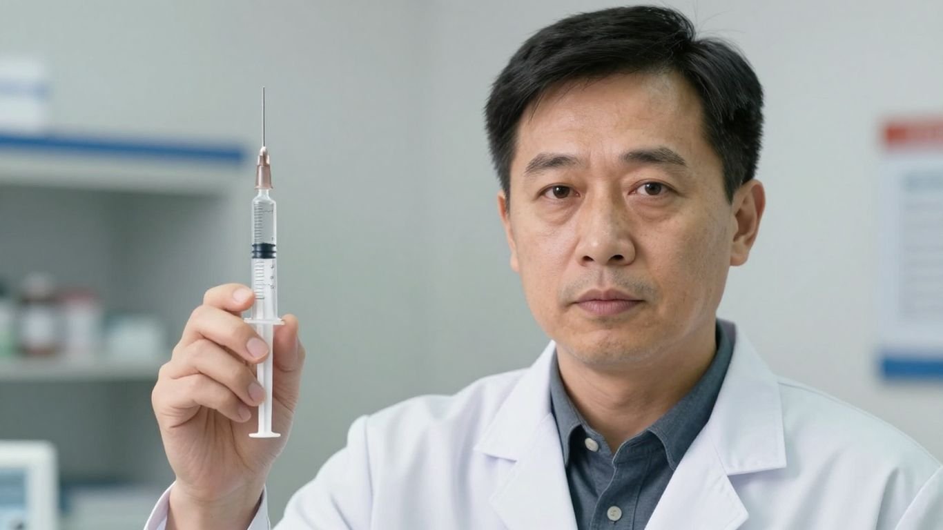 Doctor holding a vaccine syringe and vial.