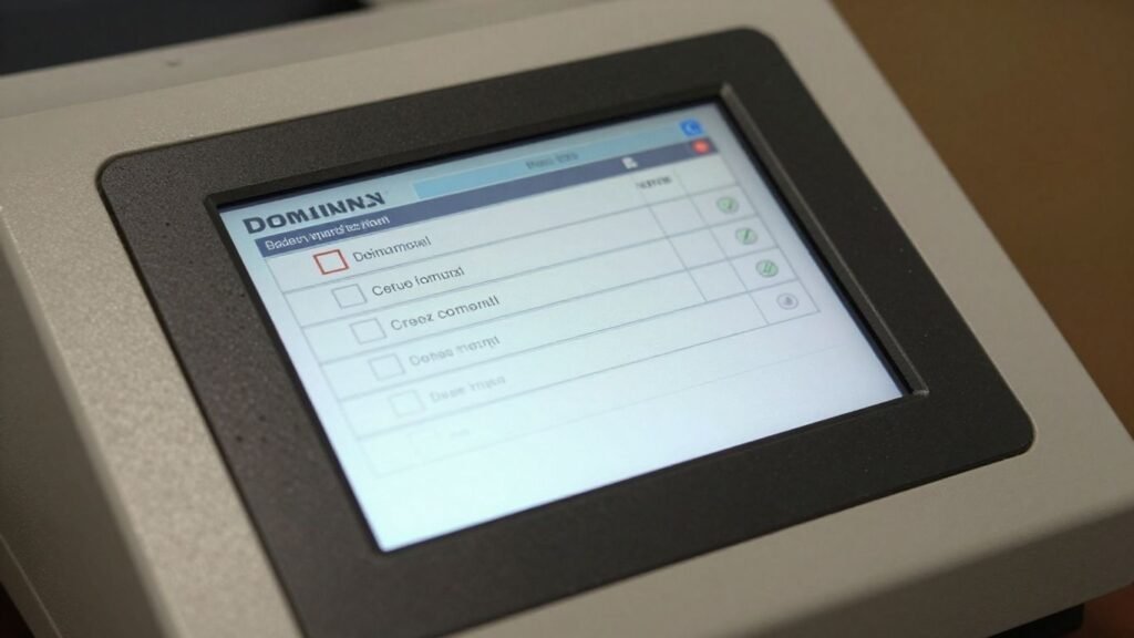 Dominion voting machine touchscreen interface displaying a ballot.