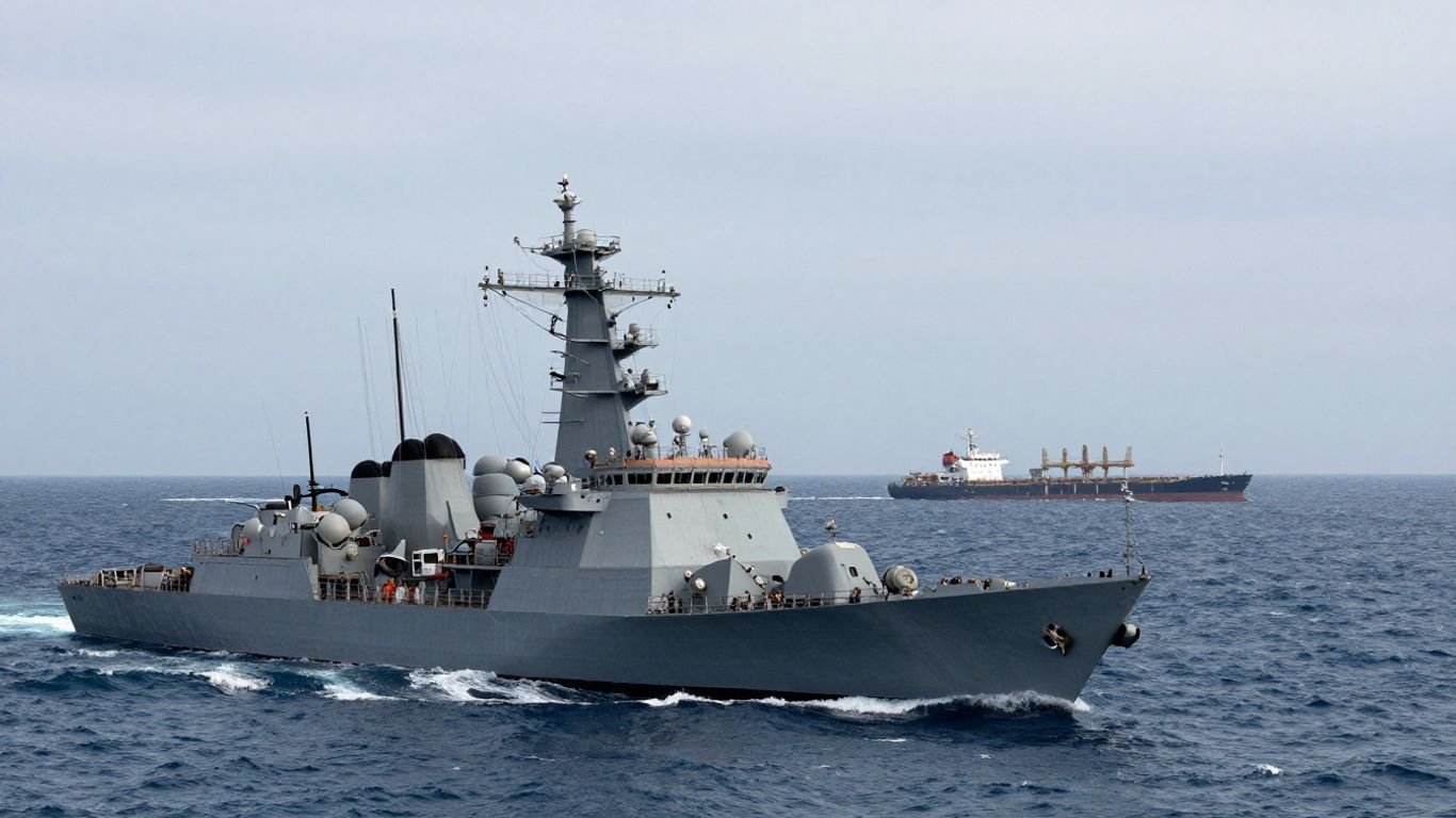 Naval warships in the Strait of Hormuz, tense atmosphere.