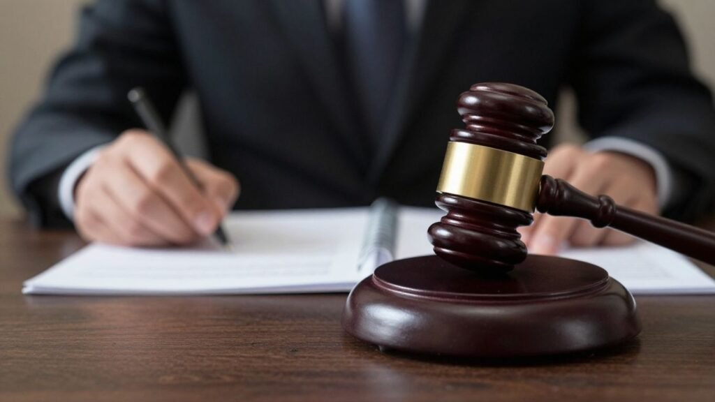 Gavel striking legal documents, blocking a business deal.