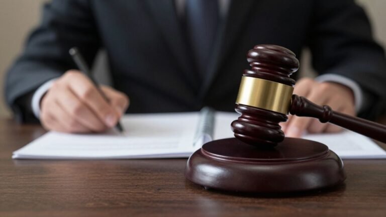 Gavel striking legal documents, blocking a business deal.
